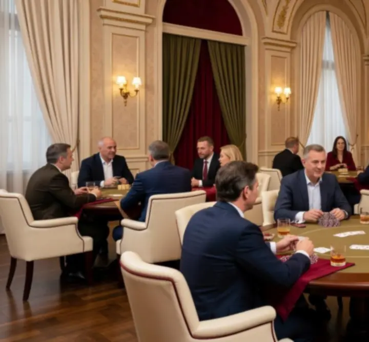 Offline poker társasági asztal, vendégek barátságos hangulatban játszanak