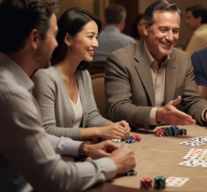 Kezdőbarát poker asztal, játékmester magyarázza a szabályokat a résztvevőknek